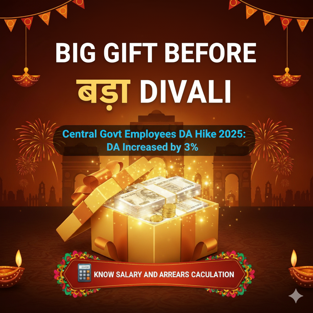 Central Govt Employees DA Hike 2025: दिवाली से पहले बड़ा तोहफा, महंगाई भत्ता 3% बढ़ा – जानें सैलरी और एरियर कैलकुलेशन